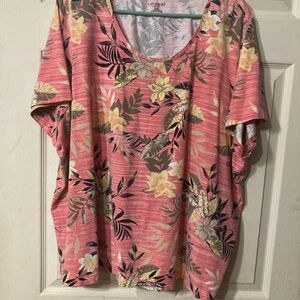 Catherines Coral Pink Floral Scoop Neck Short Sleeve Tee